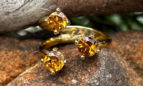 front view of a 14k gold plated ring with Citrine crystals