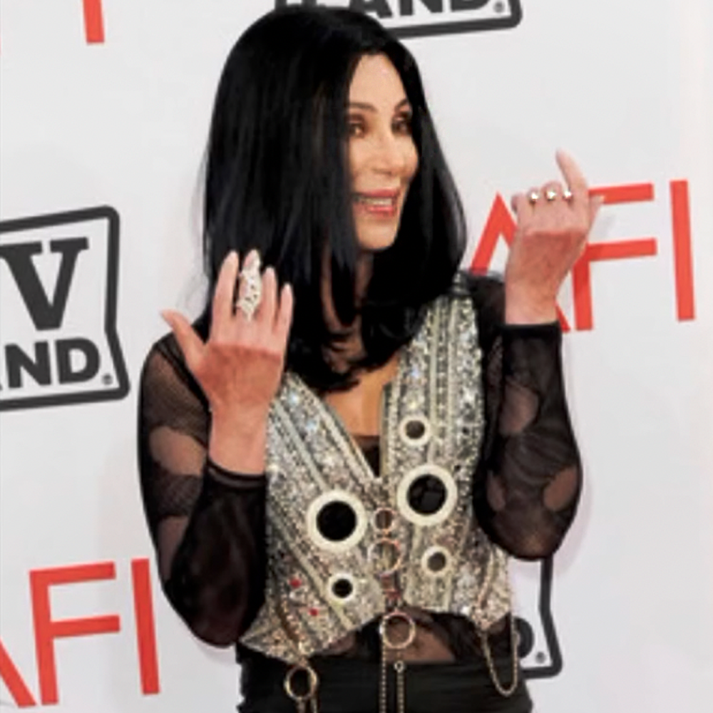 Cher wearing her sparkly Valou CZ 3cap ring (double finger ring with CZ) at an event in Hollywood California