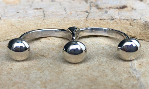 all silver double finger ring for women with three 8mm domes featuring a wide band